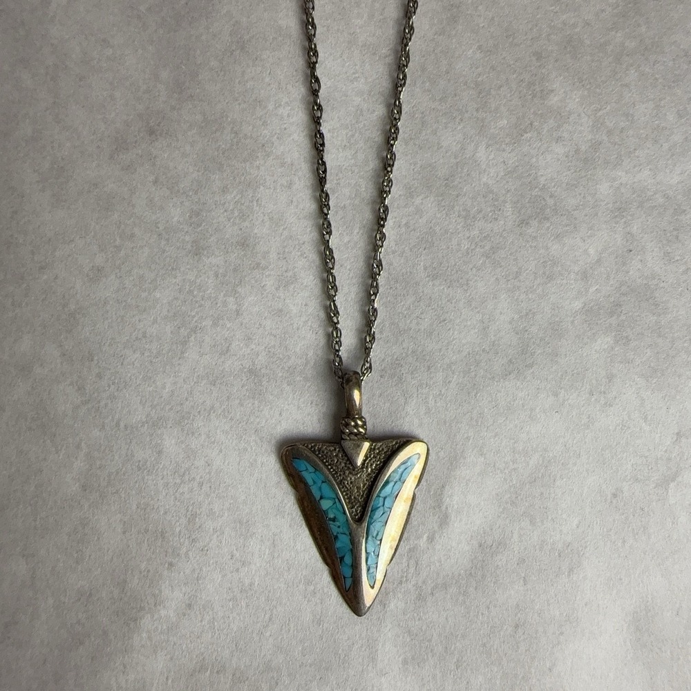 Sterling Silver 925 Turquoise Triangle Pendant Necklace Arrowhead 20in Boho